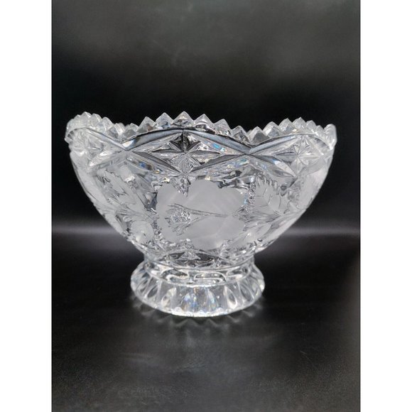 Imperlux Germany Lead Crystal Hand Cut Footed Bowl Frosted Roses Sawtooth - Picture 1 of 6